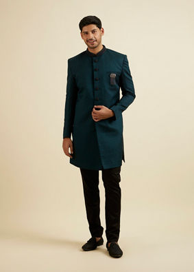 alt message - Manyavar Men Teal Green Jaal Patterned Achkan Style Indo Western Set image number 2